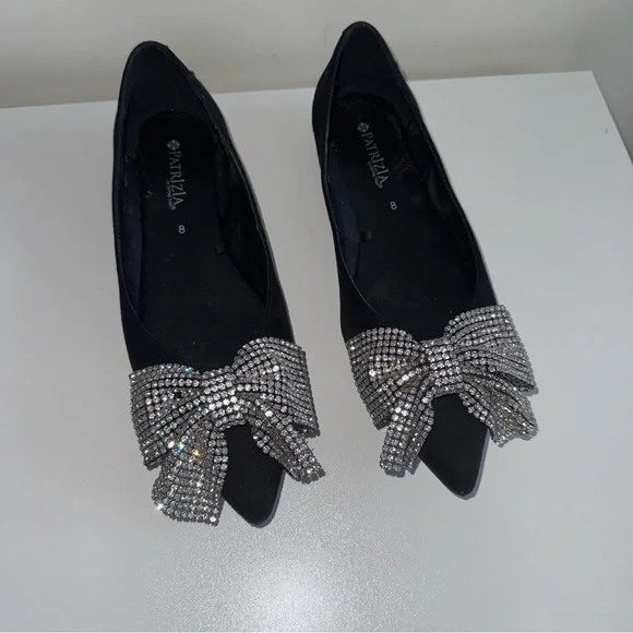 Black Pointed Toe Flats with Rhinestone Bow - Picture 3 of 3